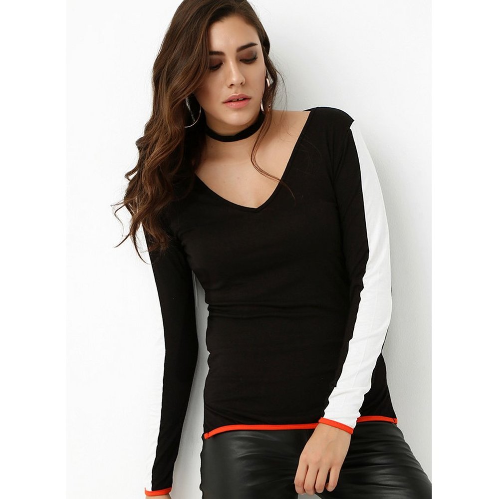 Black and White Long Sleeve V-Neck Top - Women's Fashion